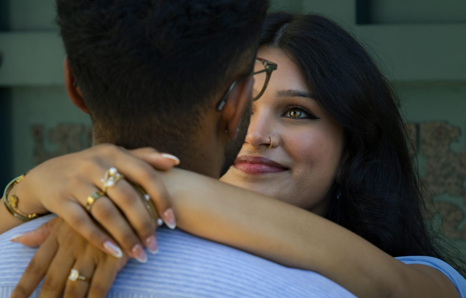 Smiling over shoulder — Allied Arts Guild engagement session